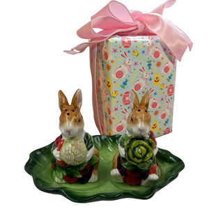 Corner Ruby Veggie Bunnies Salt and Pepper Shakers set with Tray - Gift Wrapped!